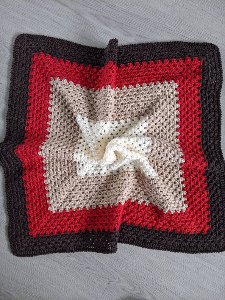 Gender Neutral Baby Blanket, Traditional Granny Square Baby Blanket, Red Brown and Cream Baby