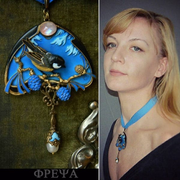 Polymer clay jewelry Lalique jewelry Sapin style Art Nouveau jewelry Chickadee necklace blue necklace bird necklace gift for her