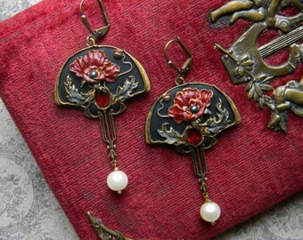 Art nouveau poppy polymer clay jewelry poppies earrings art deco opium poppy jewelry William Morris Art Deco poppy night
