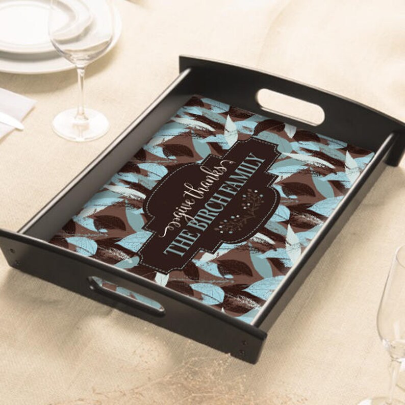 PERSONALIZED Wood Serving Tray Thanksgiving Holiday Fall Family Give Thanks Monogram Custom Black Wood Serving Entertaining Tray Breakfast