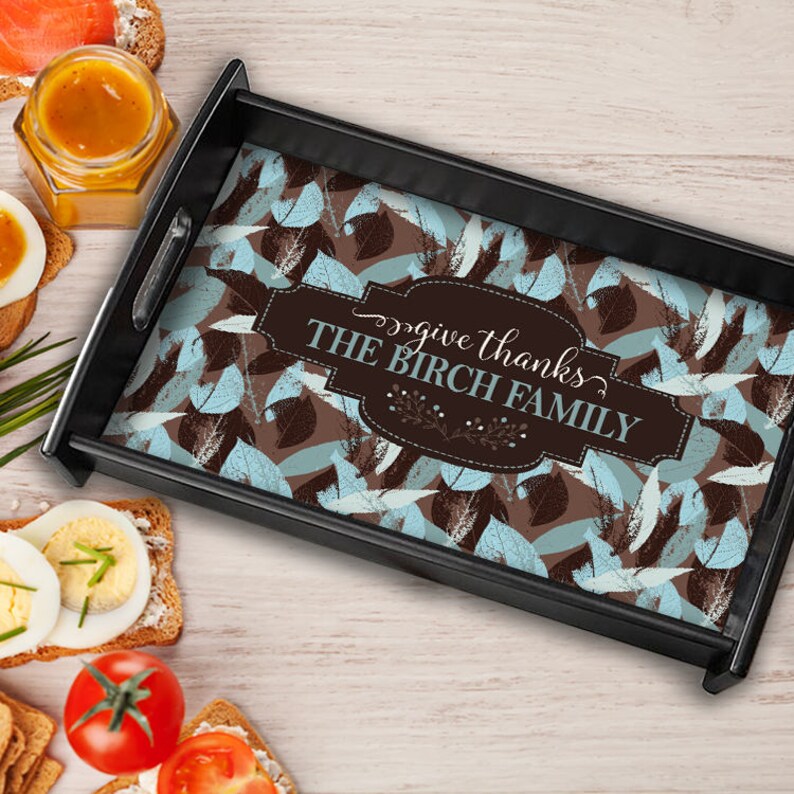 PERSONALIZED Wood Serving Tray Thanksgiving Holiday Fall Family Give Thanks Monogram Custom Black Wood Serving Entertaining Tray Breakfast