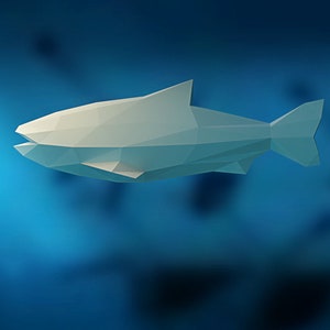 May include: A white, low-poly fish swims through a blue, blurred background.