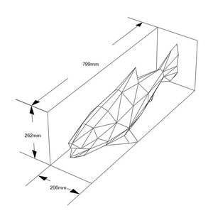 May include: A wireframe model of a fish in a 799 mm by 262 mm by 206 mm box.