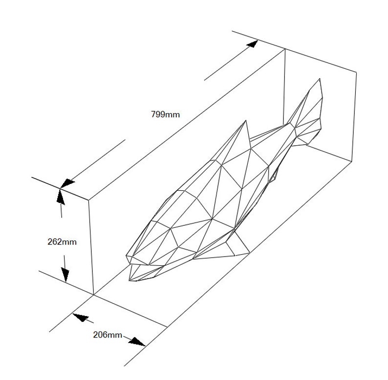 May include: A wireframe model of a fish in a 799 mm by 262 mm by 206 mm box.