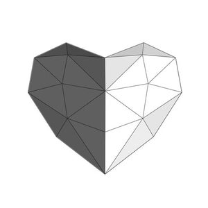 May include: A black and white geometric heart shape with a triangular pattern. The left side of the heart is black and the right side is white.