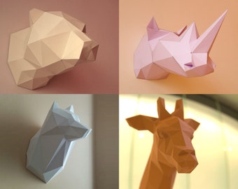 Bear, Giraffe, Wolf and Rhino 3D Papercraft Models - Download PDF Template - DIY Decoration