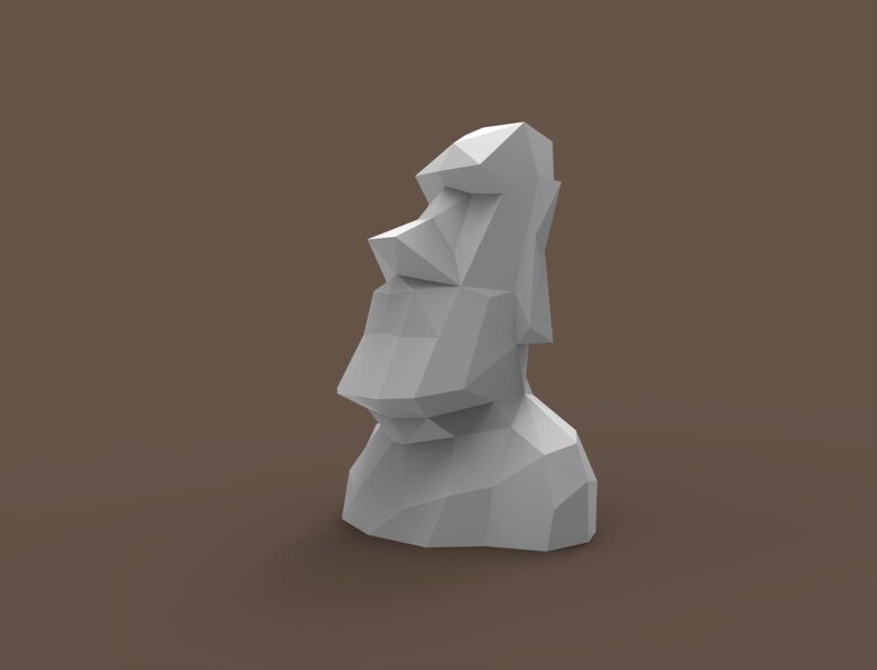 May include: A white, geometric, 3D model of a moai statue head. The model is made of triangles and has a simple, minimalist design.