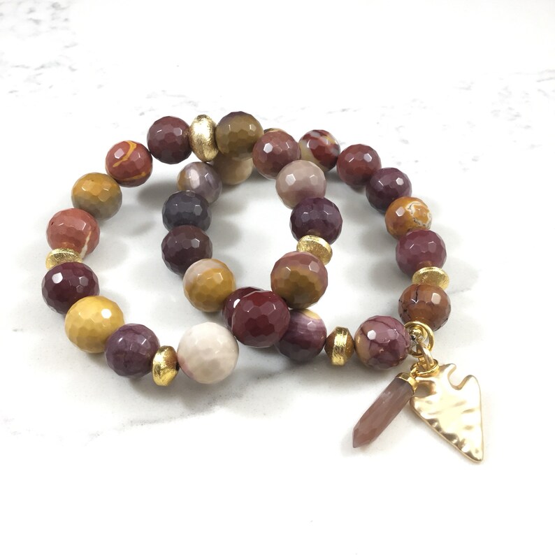 Fast and free shipping Set of 2 Georgina mookaite beaded bracelets with moonstone accent and arrowhead charm