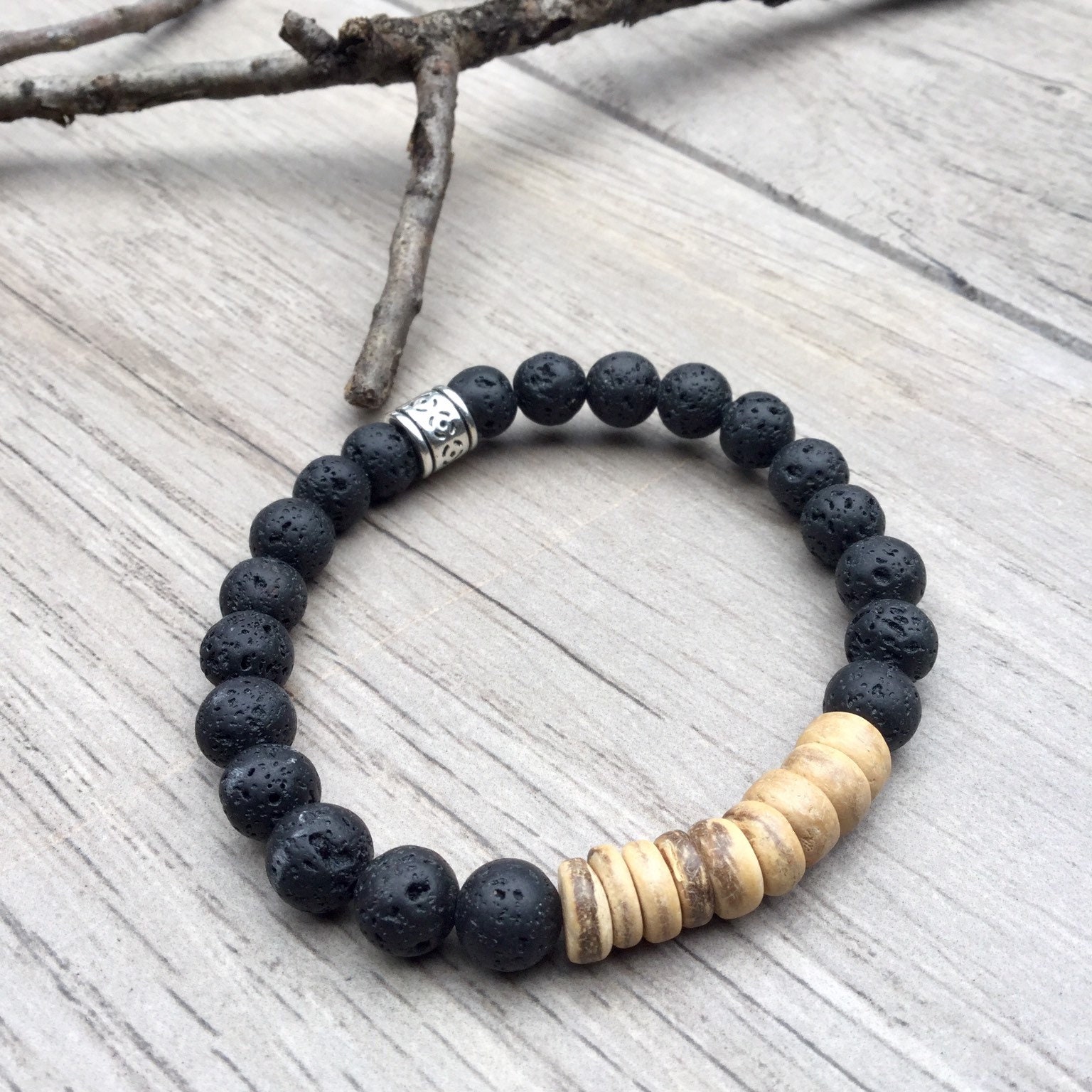 Men’s black lava stone and wood beaded bracelet Fast and free shipping