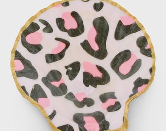 Pink Leopard Print Shell Jewelry Dish Trinket Dish Ring Holder Decoupage Seashell