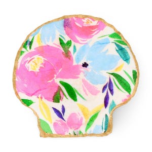 Bright Floral Shell Jewelry Dish Trinket Dish Ring Holder Decoupage Seashell