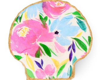 Bright Floral Shell Jewelry Dish Trinket Dish Ring Holder Decoupage Seashell