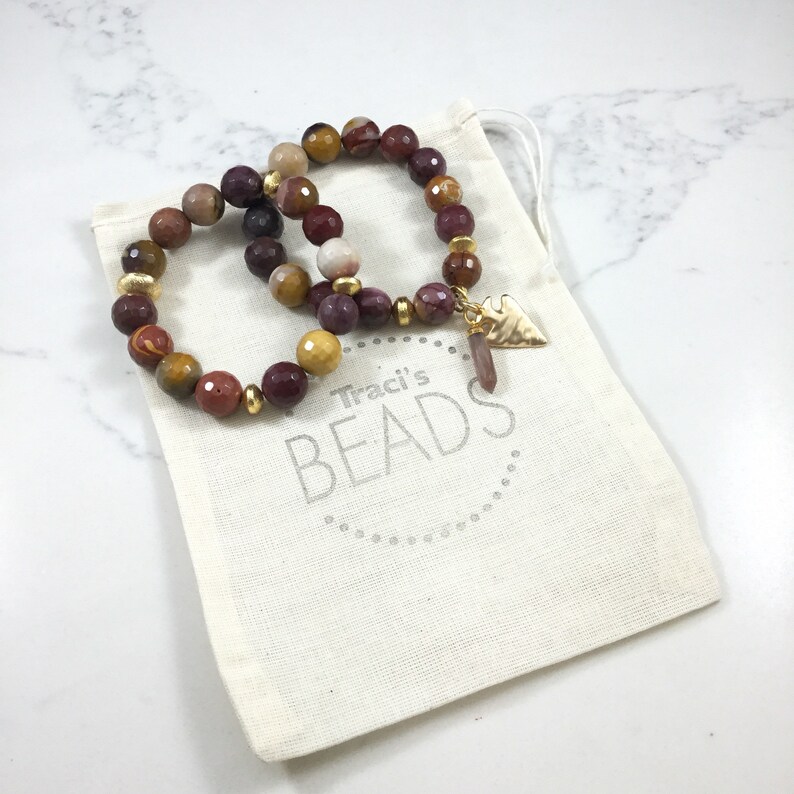 Fast and free shipping Set of 2 Georgina mookaite beaded bracelets with moonstone accent and arrowhead charm
