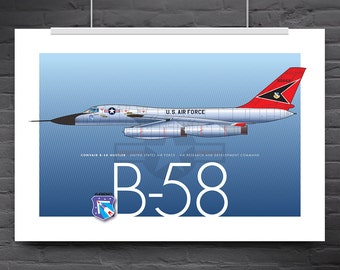 May include: A side view illustration of a Convair B-58 Hustler bomber jet in a silver and red color scheme with the text "U.S. AIR FORCE" on the side. The text "CONVAIR B-58 HUSTLER UNITED STATES AIR FORCE AIR RESEARCH AND DEVELOPMENT COMMAND" is below the jet. The text "B-58" is in large white letters below the jet with a purple and blue shield with a rocket in it.