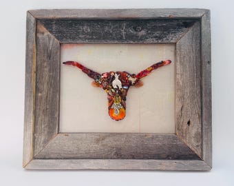 UT Longhorn Assemblage Art in Barn Wood Frame Graduation Gift Mixed Media