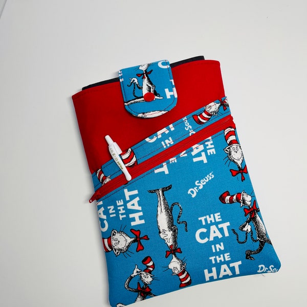 Cat In The Hat Book Sleeve. Cat In The Hat Fabric Book Sleeve with Pockets, Book Sleeve. Padded Book Sleeve with closer. Pad Sleeve