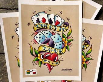 Lucky in Love - 8 x 10&quot; watercolor traditional tattoo flash print