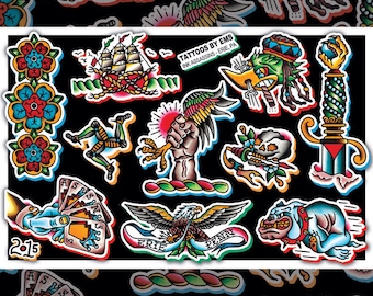 11 x 17&quot; watercolor traditional tattoo flash print