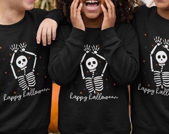 Kids Dancing Skeleton Halloween Sweatshirt | Cute Spooky Youth Crewneck | Hand-Drawn Retro Children's Halloween Sweater