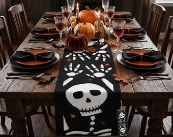 Dancing Skeleton Halloween Table Runner | Spooky Party Decor (Cotton or Polyester)