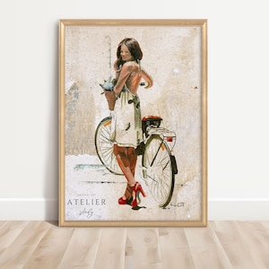 Woman curvy vintage bike wall art from original painting, bicycle, Curvy painting, beautiful woman, figurative art