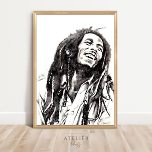Bob Marley Wandkunst nach Original Aquarellzeichnung, Bob Marley Poster, Bob Marley Wanddruck, Raggae.