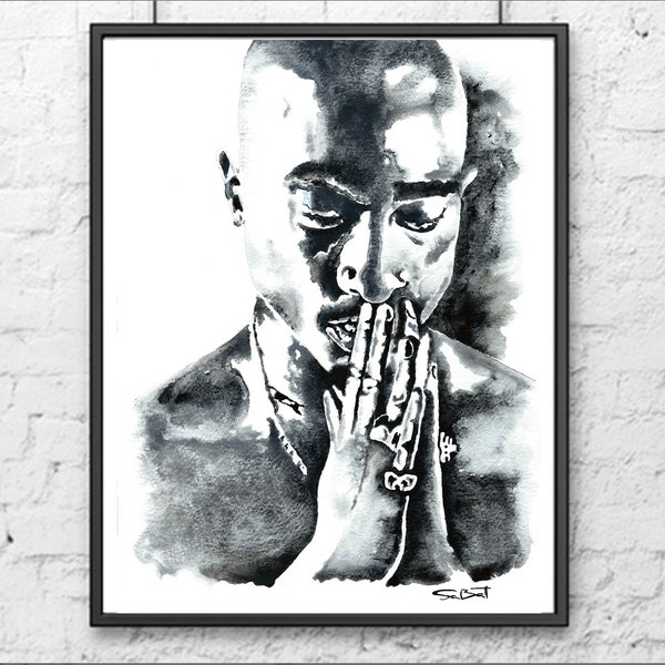 Tupac Shakur affiche aquarelle peinture, 2pac,Tupac prier, GangstarTupac art Édition limitée de 100, Cadeau pour lui,