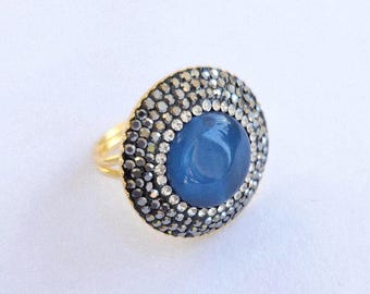 Adjustable 14K Gold-Plated Blue Cats Eye Ring, Hematite Pave Mother's day gift
