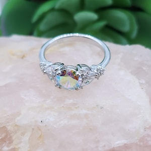 Sterling Silver Elegant Round Iridescent Rainbow CZ Ring gift