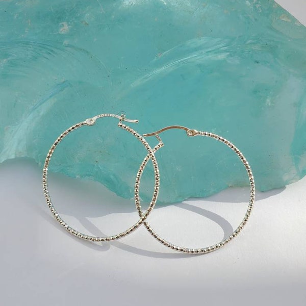 Textured Sterling Silver Hoop earrings, Diamond cut Medium thin hoops, Gift for her Valentines Gift