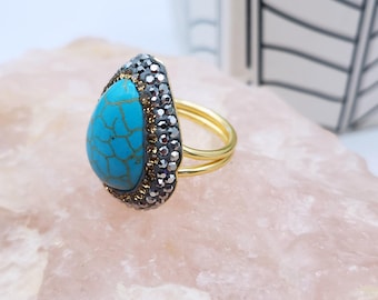 Turquoise ring Crystal Blue Gemstone adjustable Luxurious ring for women Mother's day gift