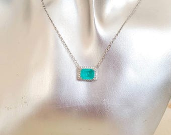 Tourmaline Paraiba Necklace Crystal rectangle pendant, Gemstone jewelry gift