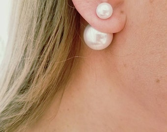 Double Sided Pearl Ball Earrings, White Faux Pearl Studs, Bridal Jewelry