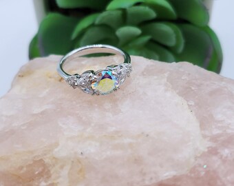 Sterling Silver Elegant Round Iridescent Rainbow CZ Ring gift Mother's day gift