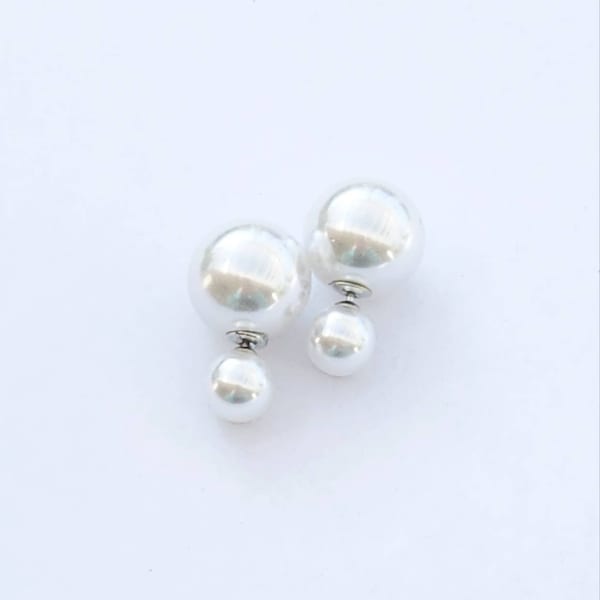 Pendientes de perlas de doble bola esfera Studs blancos, bola grande Regalo de San Valentín Regalo del día de la madre