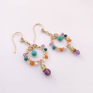 Multi Gemstone dangle earrings Wire wrap beaded Boho circle earrings  jewelry Gift for her