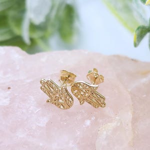 Hamsa earrings, 14k yellow gold small studs, gift for Hanukkah