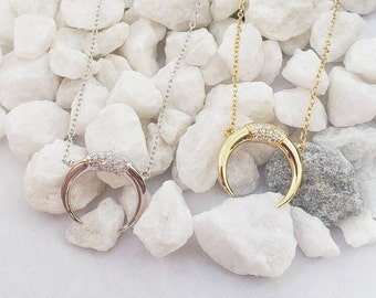 Gold Horn Necklace, Crystal Crescent Moon, Minimalist Dainty Jewelry