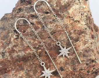 Sterling Silver Star Threader Earrings, Celestial Drop, Dangle Star