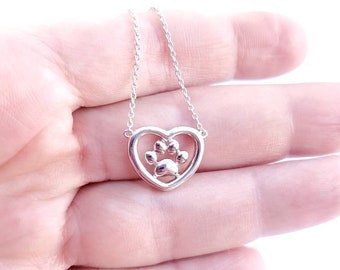 Sterling Silver Dog Paw Heart Necklace, Pet Memorial Gift