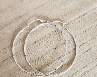 Textured silver hoops sparkly sterling silver hoop earrings skinny anti tarnish earrings, big 50m diamond cut hoops unique gift for wife