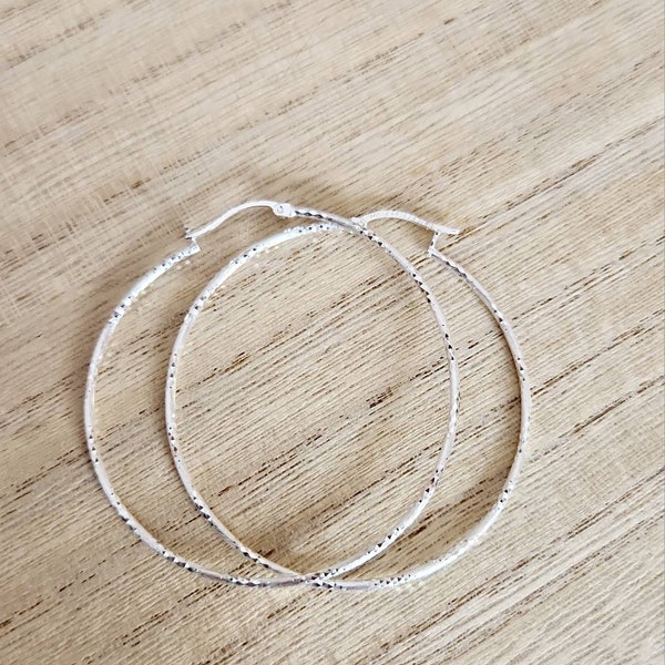 Textured silver hoops sparkly sterling silver hoop earrings skinny anti tarnish earrings, big 50m diamond cut hoops unique gift for wife