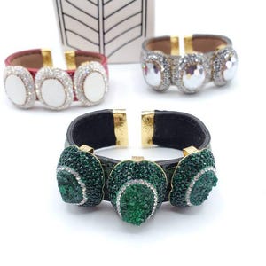 Big crystal bracelets, Leather cuff bracelet Gemstones, Wide Statement Bracelet, Gift for her  gift Christmas gift