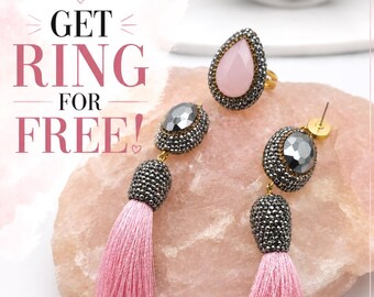 Pink drop earrings with rhinestones - pink ring jewelry set