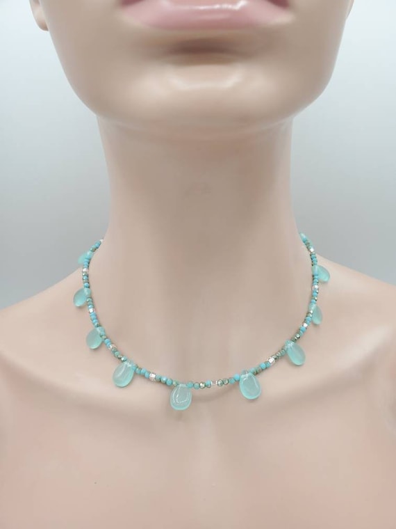Teardrop Chalcedony Beaded Necklace, Aqua Blue Gemstone Jewelry