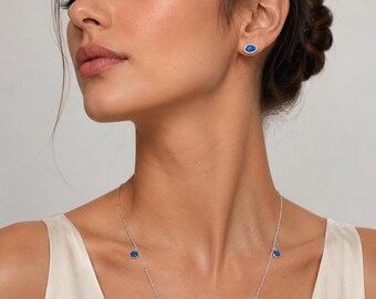 Dainty opal station necklace with earrings set sterling silver and cz pave