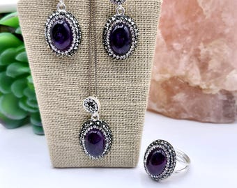 Amethyst Gemstone Jewelry Set, Ring, Earrings, Necklace, Pavé Crystals, Pisces Gift