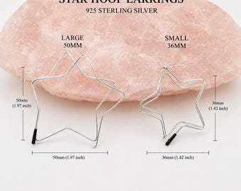 Star Hoop Earrings, 35mm Dainty Sterling Silver, Geometric Celestial Jewelry