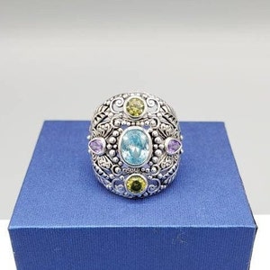 Big silver rings, Multi color crystal ring Sterling silver ring Cluster stones Vintage, Gift for her