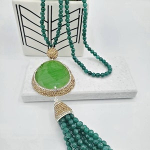 Tassel necklace, beaded long Green Raw Gemstone Bohemian necklace  gift